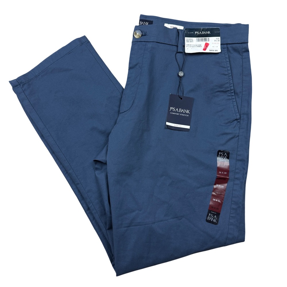 NEW Jos A Bank Mens Comfort Stretch Chino Slim Fit Blue Flat Front Pants 38x30